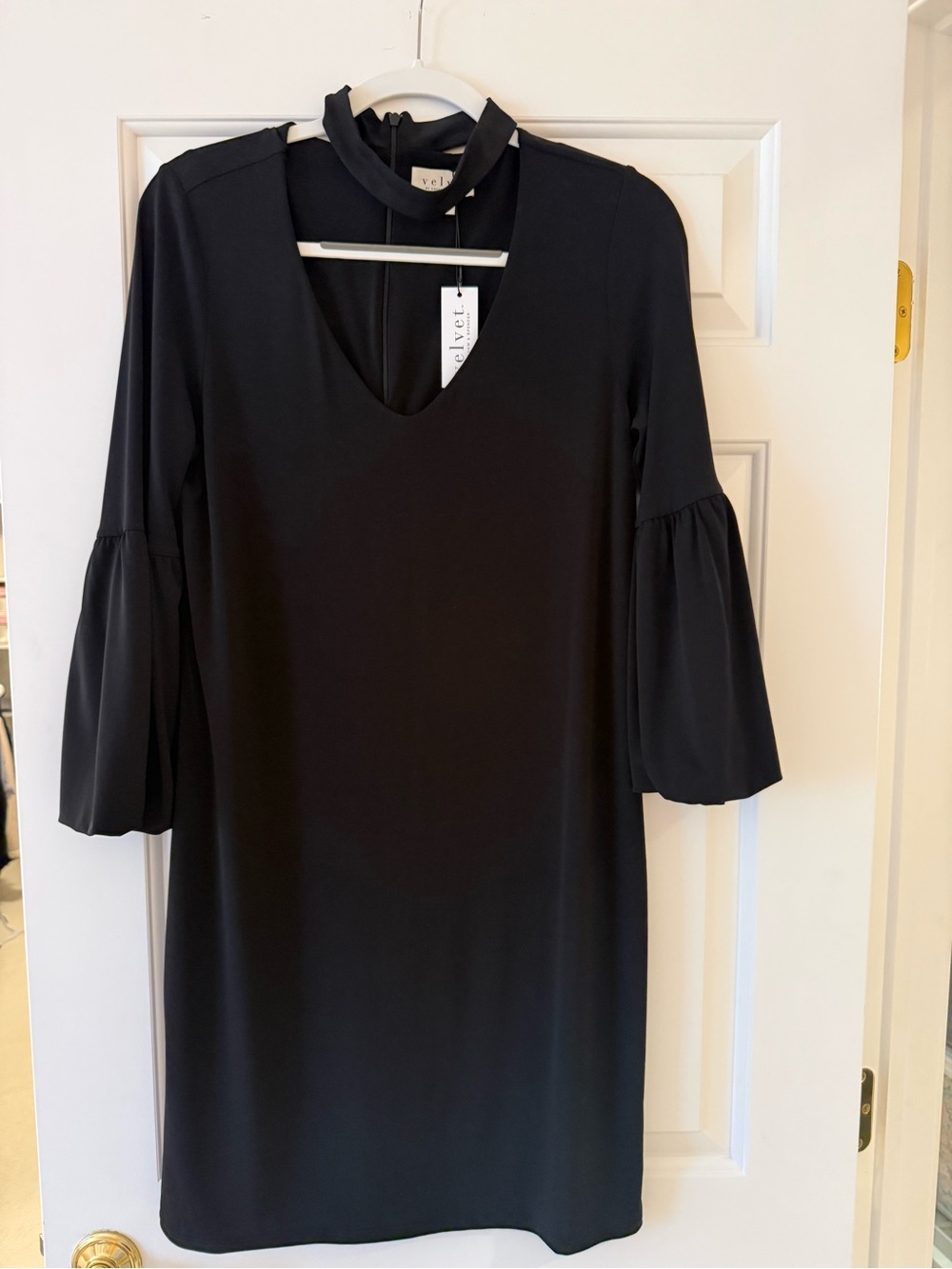 Velvet Black Mini Dress with Choker Collar and Bell Sleeves